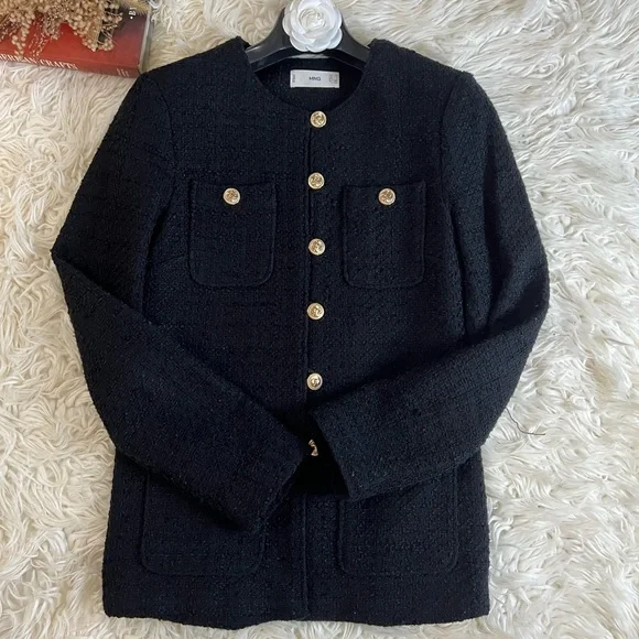 Mango Black Tweed Blazer and Skirt Set with Gold Buttons - Picture 3 of 8